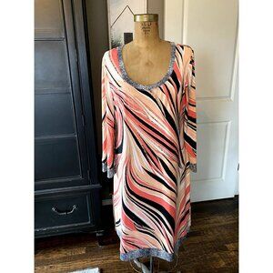 NWT Calvin Klein Abstract Swirl Orange Coral Bellini Black Shift Dress XL